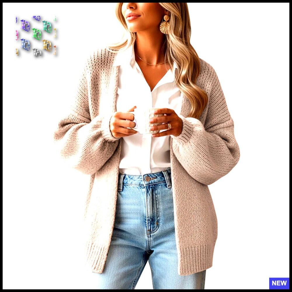 Oversized Chunky Knit Cardigan Lantern Sleeve Open Front Casual Versatile Wear